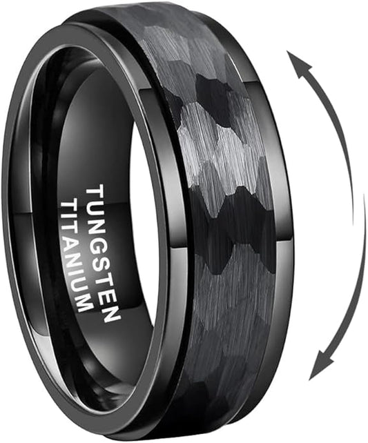 8mm Silver/Black/Gold Spinner Tungsten Titanium Fidget Rings for Men Women Anxiety Released Hammered Design Engagement Wedding Band Stepped Edges Comfort Fit
