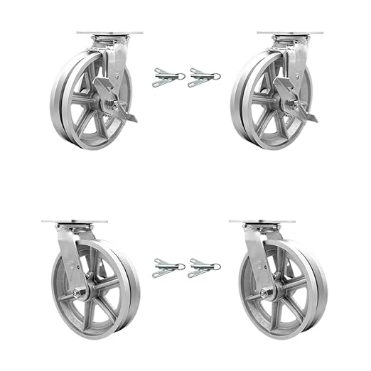 V Groove Semi Steel Swivel Top Plate Casters Set 4 Heavy Duty with 8 Inch Wheels - Includes 2 Swivel with Brakes and Bolt on Swivel Locks and 2 Swivel with Bolt on Swivel Locks - Service Caster Brand