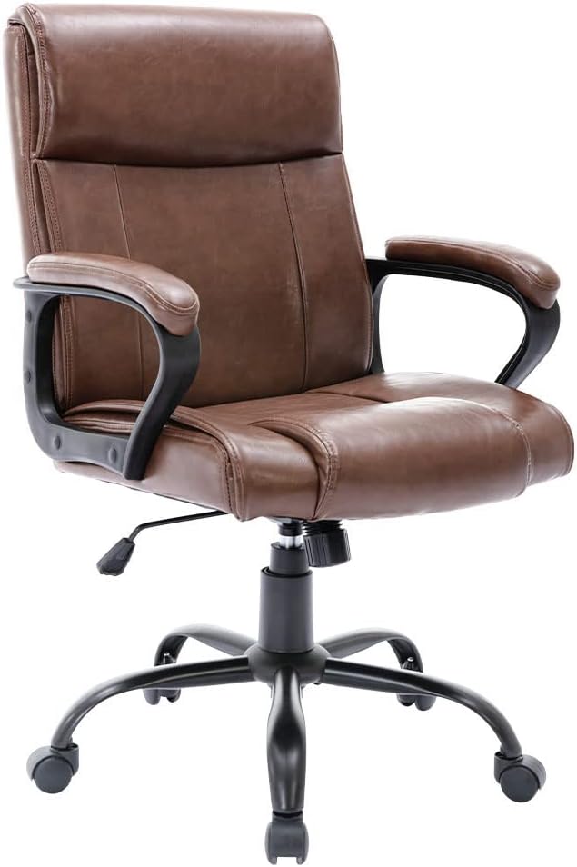 DYHOME Leather Office Chair Brown Desk Chair with Padded Armrests, Adjustable Home Office Chair Mid Back Swivel Task Chair, Ergonomic Mid Century Computer Chair, Capacity 400lbs