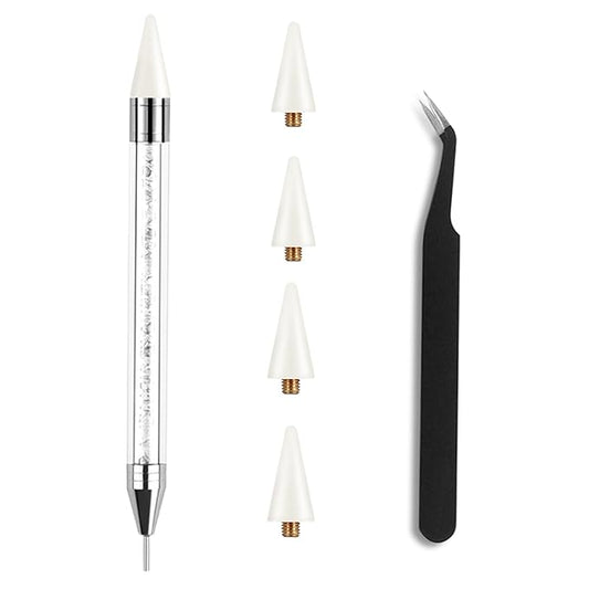 Kaychan1 Rhinestone Applicator Tool - Acrylic Handle Dual-Ended Wax Pen DIY Nail Art Tool with 4 Extra Wax Tips 1 Tweezer (White)