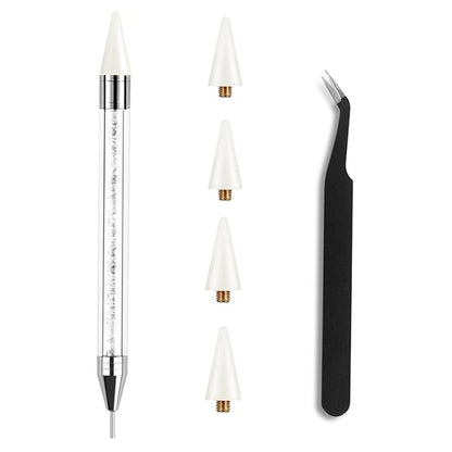 Kaychan1 Rhinestone Applicator Tool - Acrylic Handle Dual-Ended Wax Pen DIY Nail Art Tool with 4 Extra Wax Tips 1 Tweezer (White)