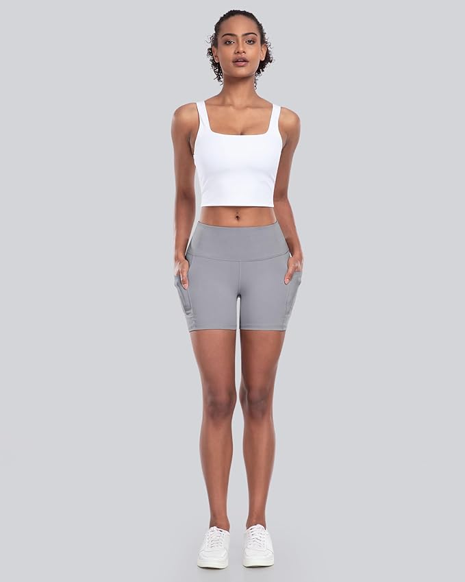 CHRLEISURE Womens Biker Yoga Shorts with Pockets: High Waisted Tummy Control Spandex Workout Athletic Gym Shorts 4 Packs
