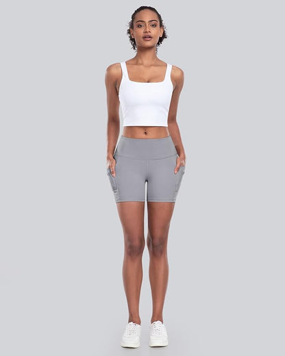 CHRLEISURE Womens Biker Yoga Shorts with Pockets: High Waisted Tummy Control Spandex Workout Athletic Gym Shorts 4 Packs