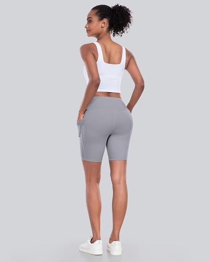 CHRLEISURE Womens Biker Yoga Shorts with Pockets: High Waisted Tummy Control Spandex Workout Athletic Gym Shorts 4 Packs