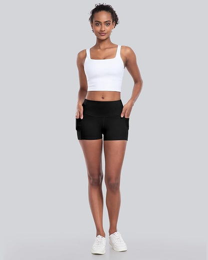CHRLEISURE Womens Biker Yoga Shorts with Pockets: High Waisted Tummy Control Spandex Workout Athletic Gym Shorts 4 Packs