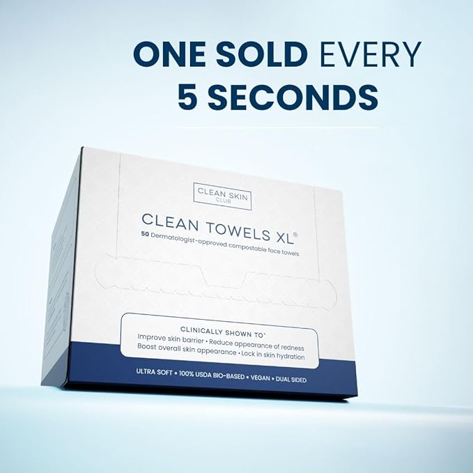 Clean Skin Club Clean Towels XL®, 100% USDA Biobased Face Towel, Disposable Face Towelette, Eczema Association Accepted, Makeup Remover Dry Wipes, Ultra Soft, 50 ct per pack, 4 Packs, 200 Ct Total