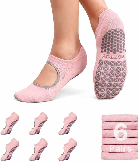 YOTTOY Pilates Socks for Women(6 Pairs)–Breathable, Grip-Enhanced Non-Slip Yoga Socks, Durable & Perfect for Home Workouts