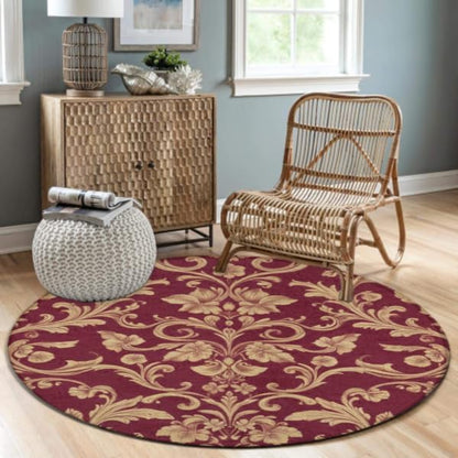 Soft Round Yoga Carpet, Large Home Decor Mat, Non-Slip Machine Washable Kitchen Office Circle Rug Compatible with Flower Maroon Gold Floral Classy Burgundy Antique