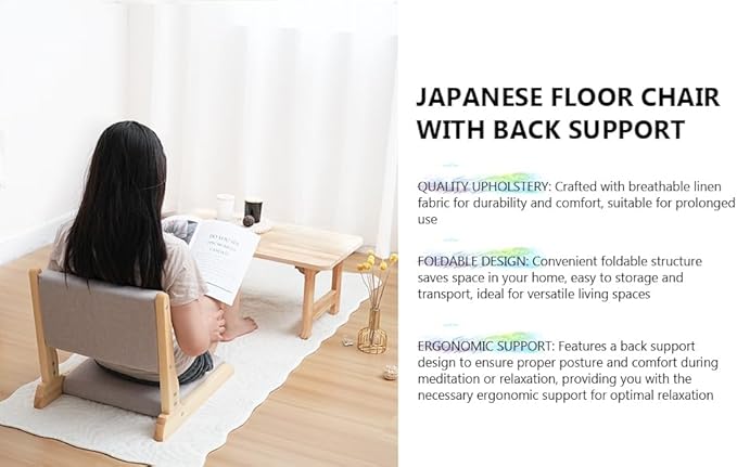 Japanese Floor Chair with Back Support, Foldable Meditation Chair, Legless Tatami Chair with Cushion, Floor Seat for Living Room, Bedroom, Bay Window (1, Gray)