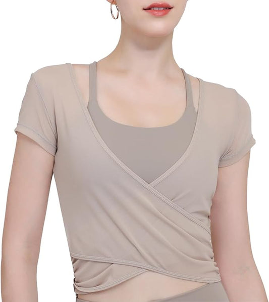 Harssidanzar Yoga Short Sleeve Two-piece set for Women Mesh Gym Athletic Tops Workout Shirts with Sports Bra CL305US