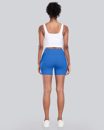 CHRLEISURE Womens Biker Yoga Shorts with Pockets: High Waisted Tummy Control Spandex Workout Athletic Gym Shorts 4 Packs