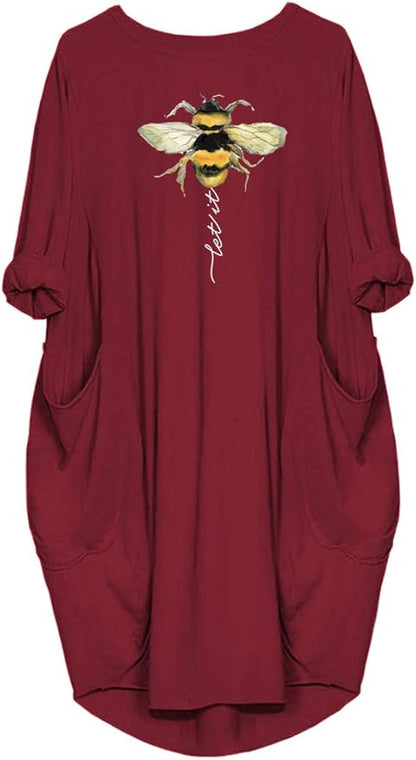 Womens I'm Mostly Peace Love and Light and A Little Go Print Long Sleeve Loose Pocket Oversize Tunic Dress