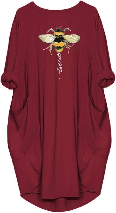 Womens I'm Mostly Peace Love and Light and A Little Go Print Long Sleeve Loose Pocket Oversize Tunic Dress