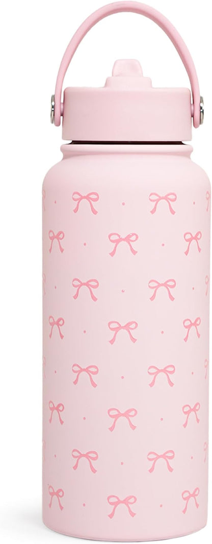 SANDJEST Pink Bow Water Bottle Stainless Steel Insulated Vacuum 32oz with Lid, Gifts for Women Girls Teens Birthday Christmas
