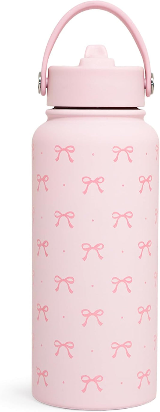 SANDJEST Pink Bow Water Bottle Stainless Steel Insulated Vacuum 32oz with Lid, Gifts for Women Girls Teens Birthday Christmas