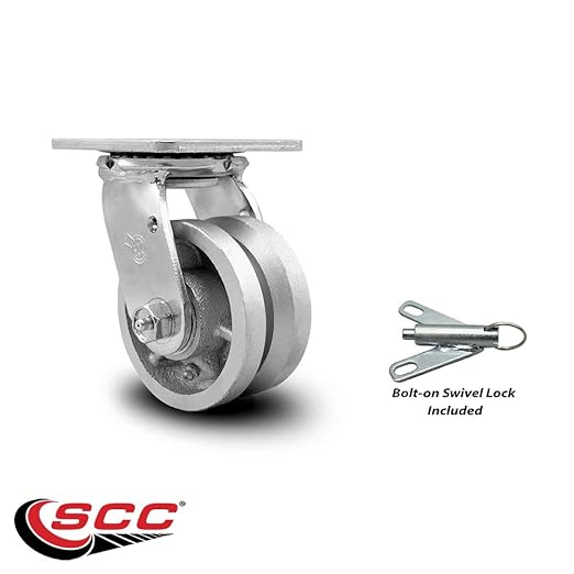V Groove Semi Steel Cast Iron Swivel Top Plate Heavy Duty Caster with 4 Inch Wheel and Bolt on Swivel Lock – 800 lbs. Capacity/Caster - Service Caster Brand