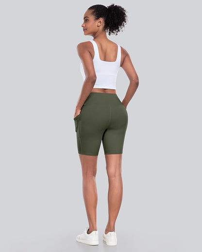 CHRLEISURE Womens Biker Yoga Shorts with Pockets: High Waisted Tummy Control Spandex Workout Athletic Gym Shorts 4 Packs