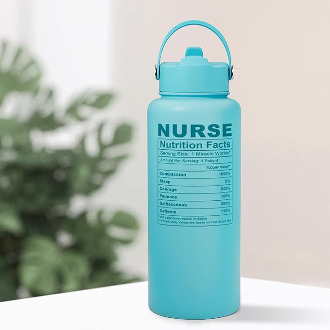 SANDJEST Nurse Gifts for Women - Nutrition Facts Water Bottle 32oz Stainless Steel Insulated with Lid, Nurse Appreciation Gifts for Female Nurses, Friends, Graduation Christmas Birthday Nurse Week