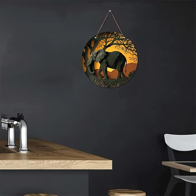 1pc 8x8in/20cm*20cm Round Wooden Hanging Sign, Imitation Hollow Painting Round Garland Sign Sign, Office Decor, Women's Gift Elephant Theme Decoration, Home Decor
