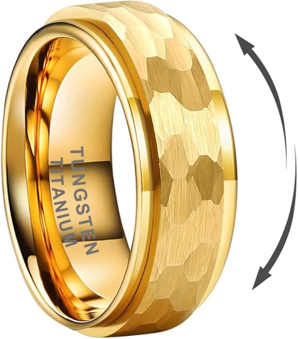 8mm Silver/Black/Gold Spinner Tungsten Titanium Fidget Rings for Men Women Anxiety Released Hammered Design Engagement Wedding Band Stepped Edges Comfort Fit