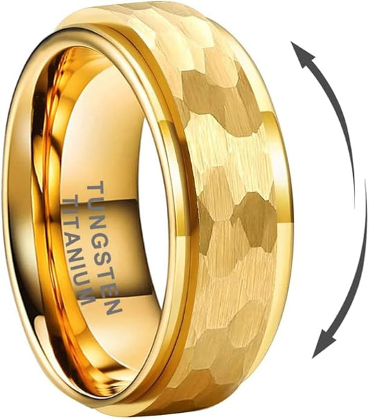8mm Silver/Black/Gold Spinner Tungsten Titanium Fidget Rings for Men Women Anxiety Released Hammered Design Engagement Wedding Band Stepped Edges Comfort Fit