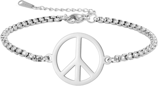 LIKGREAT Adjustable World Peace Symbol Bracelet for Women Stainless Steel Pendant Box Chain 1970s Jewelry