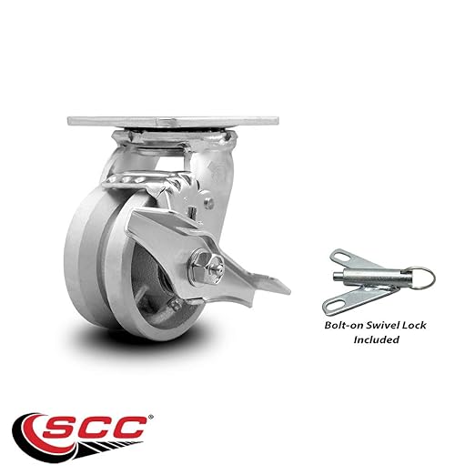 V Groove Semi Steel Cast Iron Swivel Top Plate Heavy Duty Caster with 4 Inch Wheel and Top Lock Brake and Bolt on Swivel Lock – 800 lbs. Capacity/Caster - Service Caster Brand