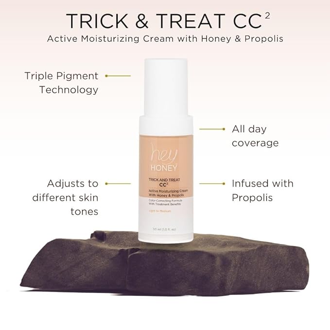 Hey Honey Trick and Treat CC² Cream SPF 46 | Active Moisturizing Color Correcting Cream with Honey & Propolis | Best Cover For Rosacea, Skin Redness & Mature Skin | Cruelty-Free | 1 oz (Deep Tan)