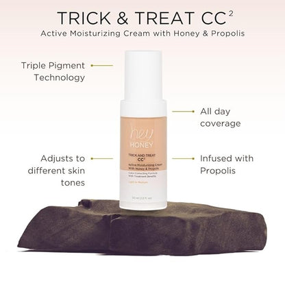 Hey Honey Trick and Treat CC² Cream SPF 46 | Active Moisturizing Color Correcting Cream with Honey & Propolis | Best Cover For Rosacea, Skin Redness & Mature Skin | Cruelty-Free | 1 oz (Deep Tan)