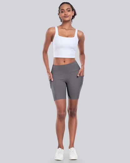 CHRLEISURE Womens Biker Yoga Shorts with Pockets: High Waisted Tummy Control Spandex Workout Athletic Gym Shorts 4 Packs
