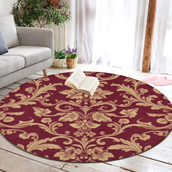 Soft Round Yoga Carpet, Large Home Decor Mat, Non-Slip Machine Washable Kitchen Office Circle Rug Compatible with Flower Maroon Gold Floral Classy Burgundy Antique