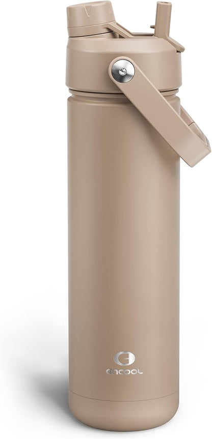 Insulated Water Bottle with Straw - Encool Stainless Steel Water Bottle, Leak-Proof, BPA-Free, Double Wall Vacuum Keeps Cold for 24 Hours for Sports, Travel, School (26 oz, Raw Umber)