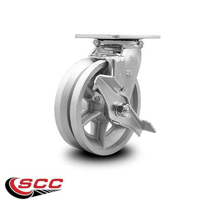 V Groove Semi Steel Cast Iron Swivel Top Plate Heavy Duty Caster with 6 Inch Wheel and Top Lock Brake – 1,200 lbs. Capacity/Caster - Service Caster Brand