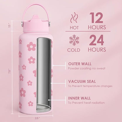 Floral Water Bottle Stainless Steel 32oz with Lid & Straw, Daisy Insulated Bottles Gifts for Women Girls Friends Teens Birthday Christmas