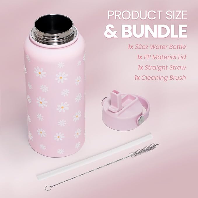 SANDJEST Daisy Water Bottle Stainless Steel 32oz Insulated with Lid, Flower Water Bottles Gifts for Women Girls Friends Teens Birthday Christmas