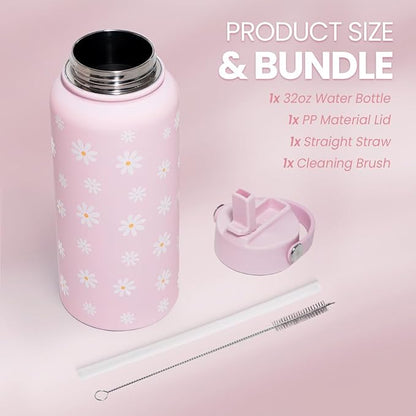 SANDJEST Daisy Water Bottle Stainless Steel 32oz Insulated with Lid, Flower Water Bottles Gifts for Women Girls Friends Teens Birthday Christmas