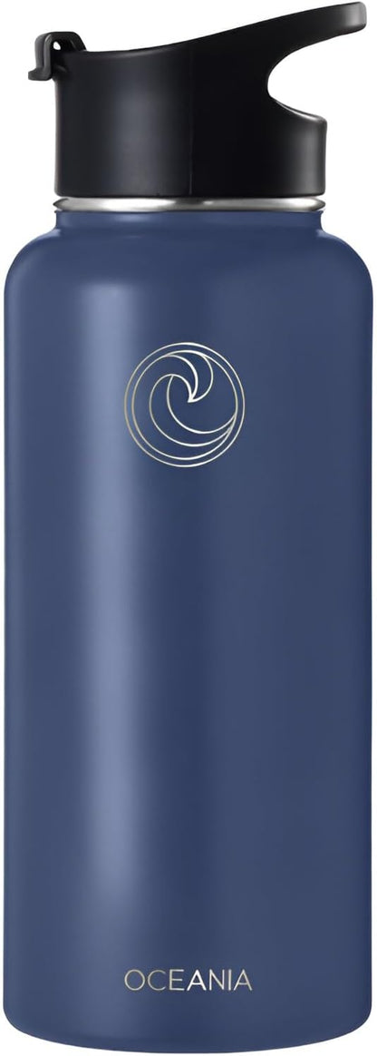 Oceania Flask 32oz Stainless Steel Water Bottles | Modern, Leakproof, Hydro BPA-Free, Insulated Water Bottle with 3 Lids, 3 Straws & 2 Straw Cleaning Brushes | Simple Camping & Hiking Water Bottles