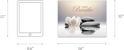 Zen Stone Canvas Wall Art Just Breathe Yoga Quotes Poster for Spa Decor White Lotus Flower Pictures Prints for Bathroom Modern Spiritual Artwork Framed (12 x 16inches)