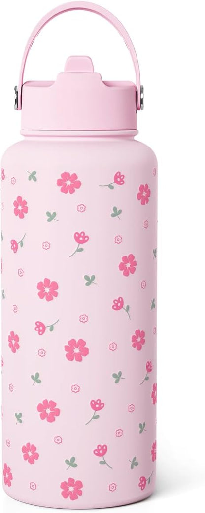 Floral Water Bottle 32oz Stainless Steel with Lid, Insulated Bottles for Women Girls, Gifts Ideas for Birthday Christmas