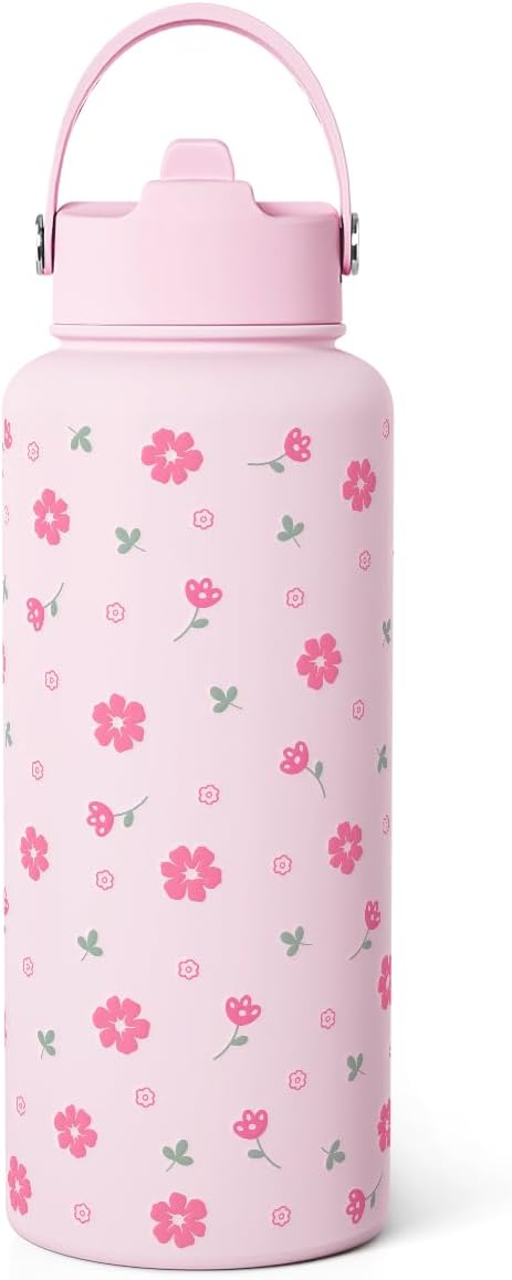 Floral Water Bottle 32oz Stainless Steel with Lid, Insulated Bottles for Women Girls, Gifts Ideas for Birthday Christmas