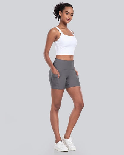 CHRLEISURE Womens Biker Yoga Shorts with Pockets: High Waisted Tummy Control Spandex Workout Athletic Gym Shorts 4 Packs