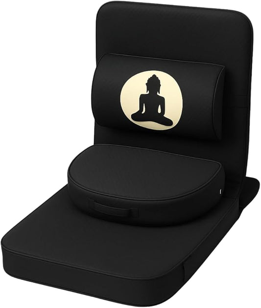 Friends Of Meditation Relaxing Buddha Meditation Chair | Detachable Rectangular Back Support & Zafu Cushion | Portable Folding Chair | with Back Support | Yoga Chairs for Adults | Black