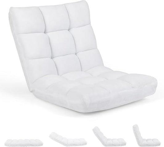 RELAX4LIFE Floor Chair with Back Support - 14-Position Adjustable Lazy Sofa Chair, Padded Sleeper Bed & Couch Recliner for Reading Meditation, Folding Floor Gaming Chair for Adults (White)
