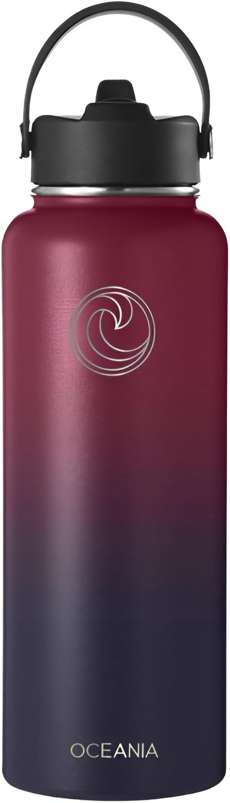 Oceania Flask 40oz Stainless Steel Water Bottles | Modern, Leakproof, Vacuum Insulated with 3 Lids, 3 Straws & 2 Straw Cleaning Brushes | Simple Lightweight Camping & Hiking Hydration Canteens