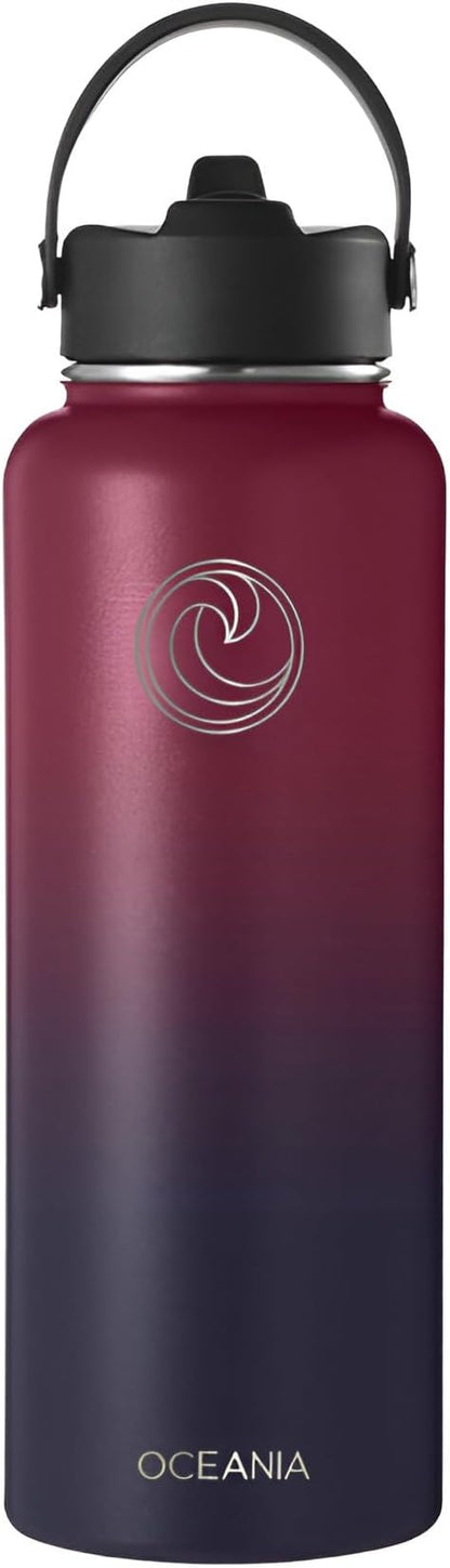 Oceania Flask 40oz Stainless Steel Water Bottles | Modern, Leakproof, Vacuum Insulated with 3 Lids, 3 Straws & 2 Straw Cleaning Brushes | Simple Lightweight Camping & Hiking Hydration Canteens