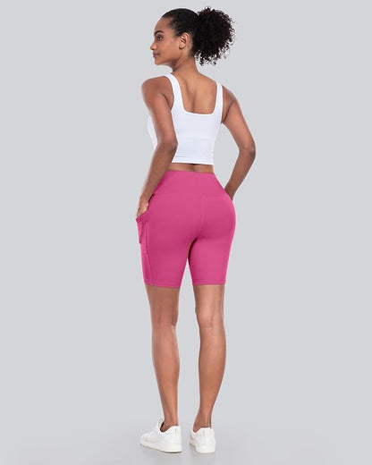 CHRLEISURE Womens Biker Yoga Shorts with Pockets: High Waisted Tummy Control Spandex Workout Athletic Gym Shorts 4 Packs