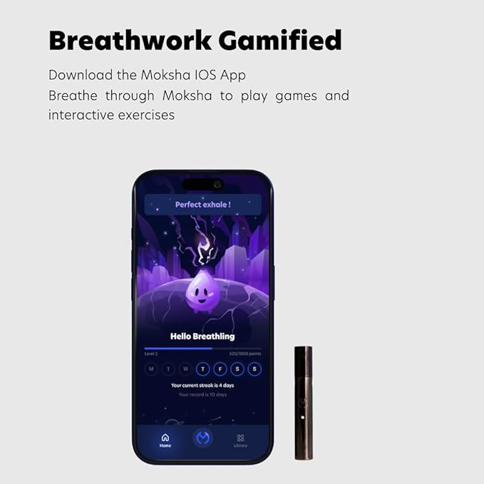 Moksha O₁ | Gamified Breathwork Tool | Smart Meditation Device | iOS Only | Mindfulness Tool for Immediate Calm and Instant Anxiety Relief | Sleep Aid Device (Moon)