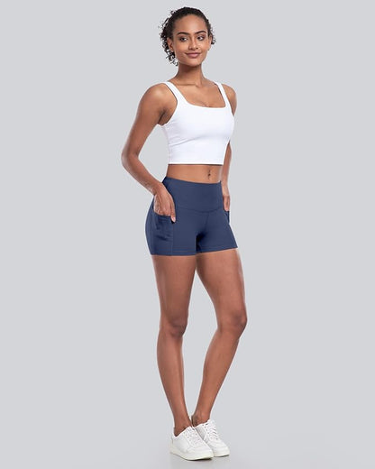CHRLEISURE Womens Biker Yoga Shorts with Pockets: High Waisted Tummy Control Spandex Workout Athletic Gym Shorts 4 Packs