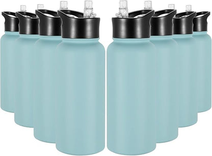 32 oz Insulated Water Bottle Bulk 8 Pack, Stainless Steel Sports Water Bottles with Straw Lid & Wide Mouth Lids, Double Walled Vacuum, Leak Proof, Turquoise Blue