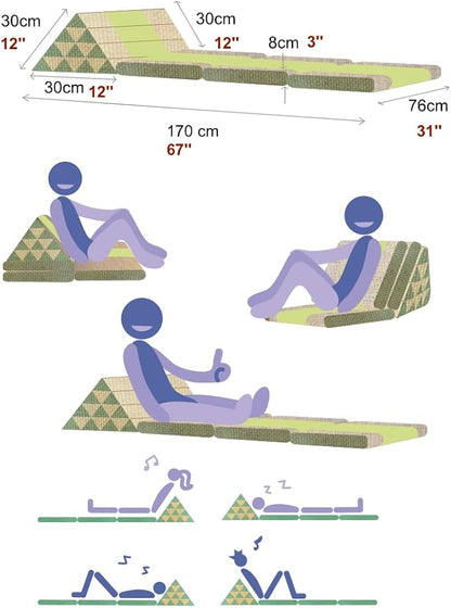 Leewadee Comfortable Japanese Floor Mattress - Thai Floor Bed with Triangle Cushion - Futon Mattress - XL Extra Wide Thai Massage Mat, 67 x 31 inches, Green, Kapok Filling